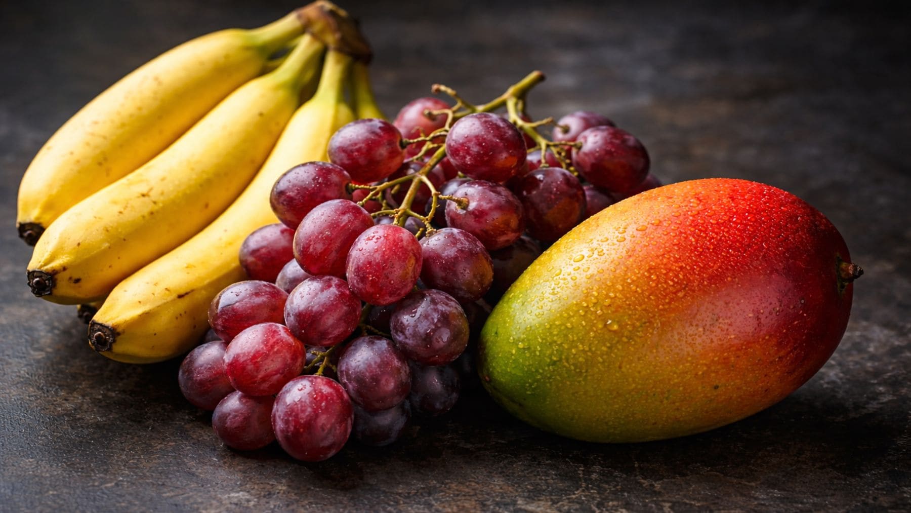 Plátano, uvas y mango sobre mesa oscura, frutas con alto contenido de azúcar que pueden afectar al sueño por la noche.