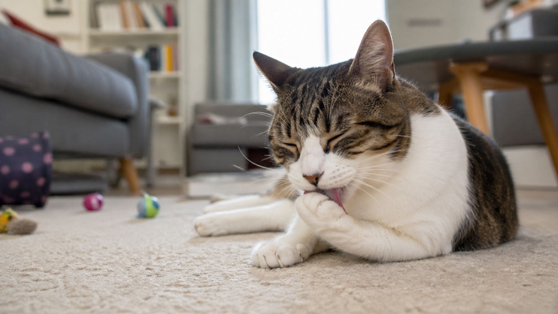 Gato de interior acicalándose sobre alfombra en casa, relacionado con estudio sobre exposición al bisfenol A BPA.