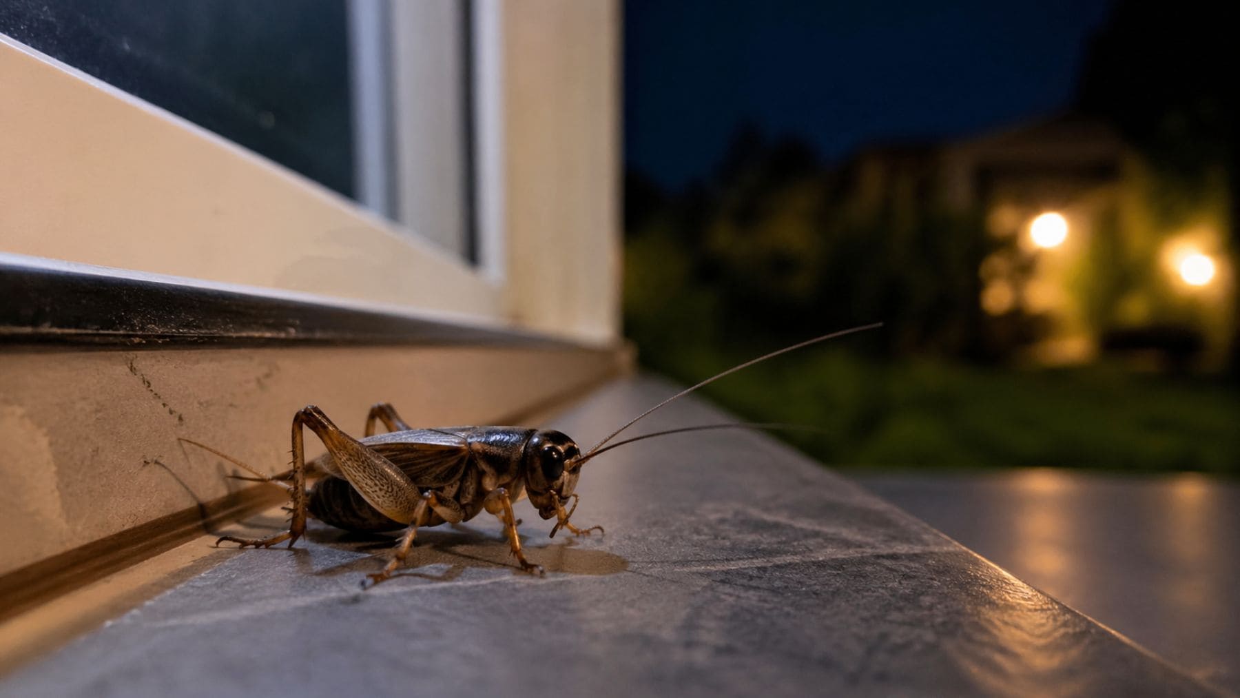 Grillo junto a una ventana durante la noche en una casa, símbolo de humedad y vida en el jardín.