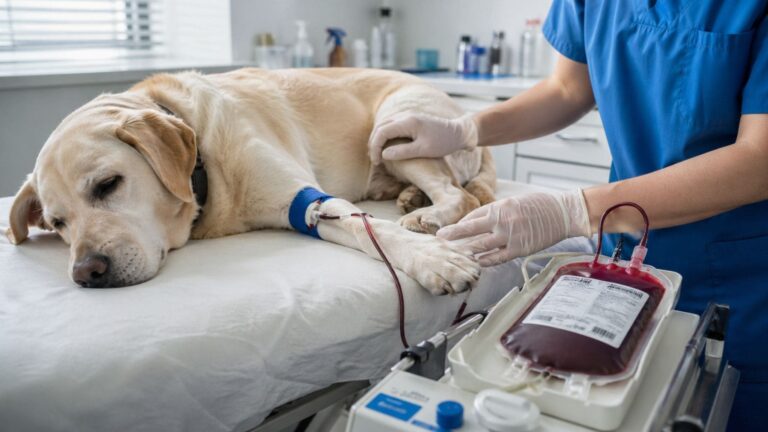 Perro donando sangre en una clínica veterinaria para transfusión a otros animales.