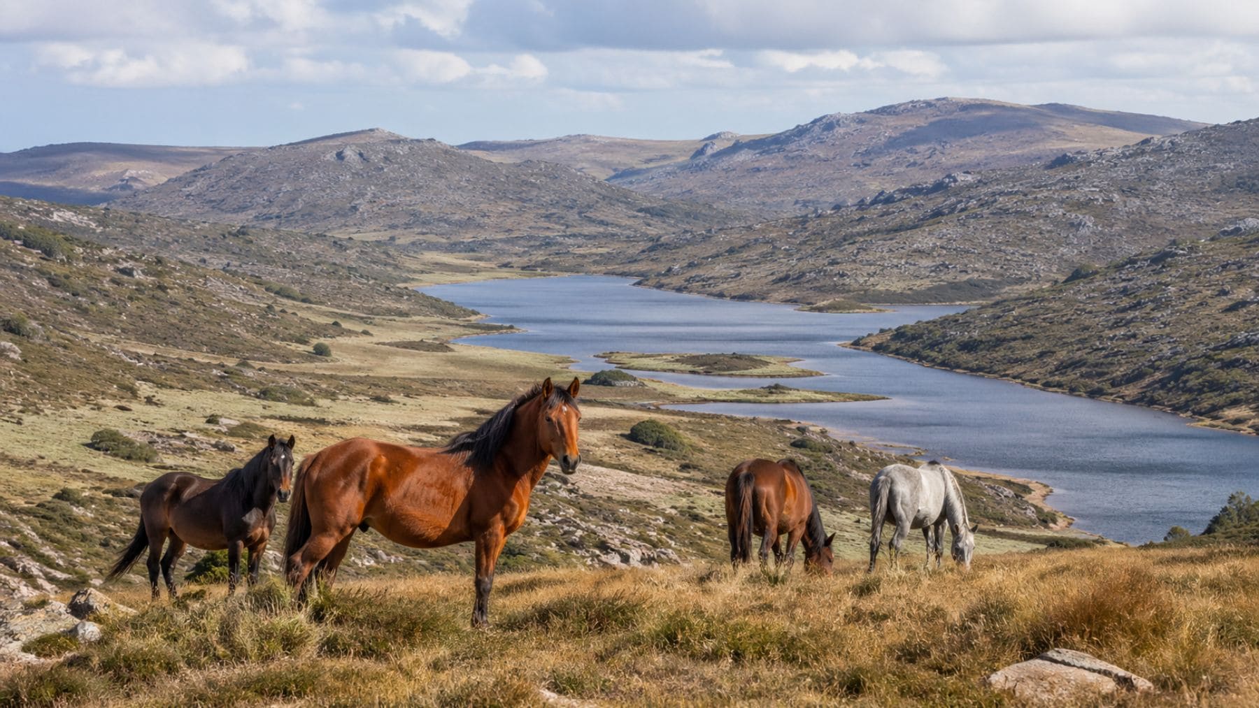 Caballos salvajes en el Parque Nacional Kosciuszko antes de la recuperación del ecosistema en Australia.