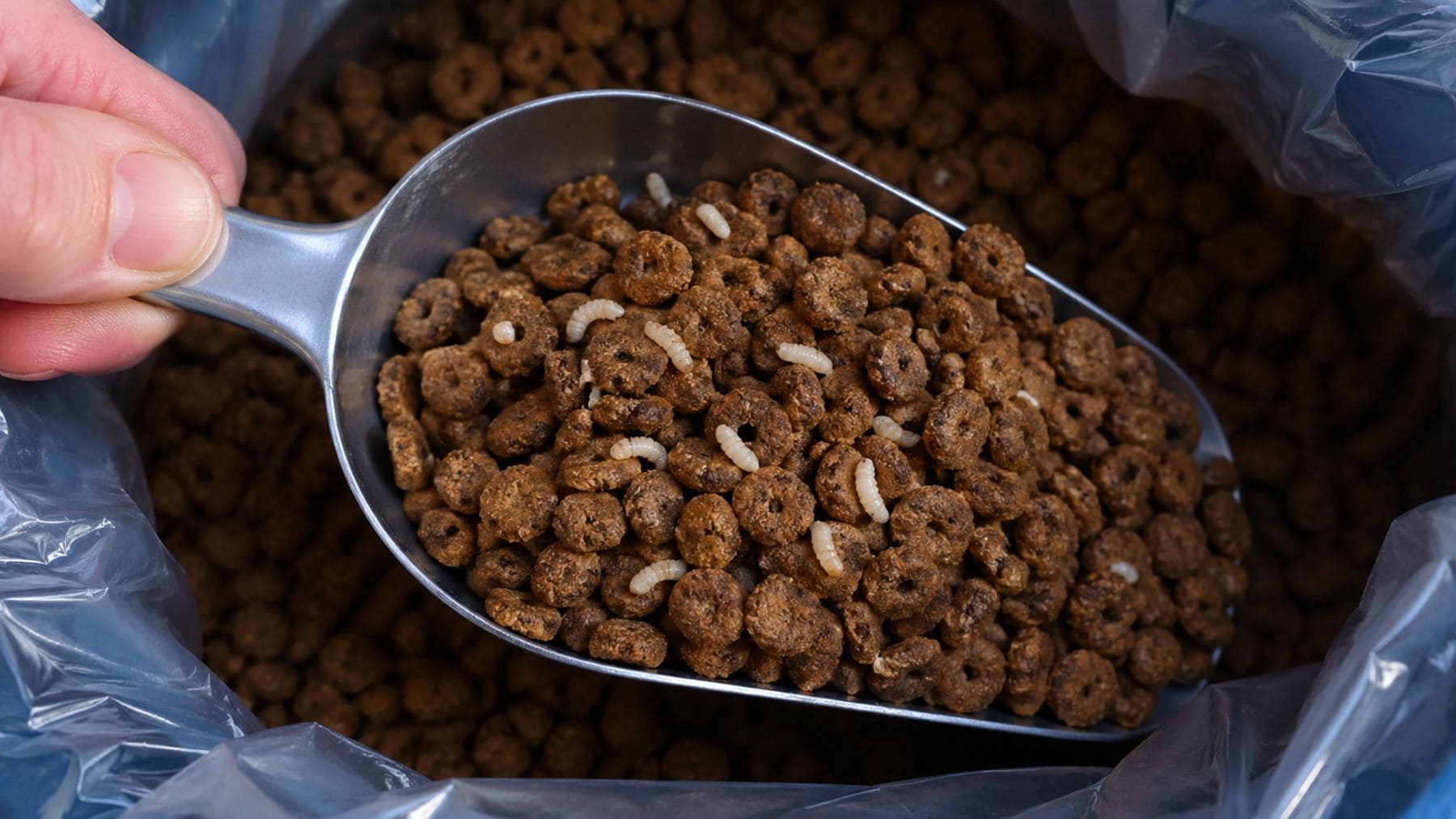 Larvas en pienso de mascotas dentro de una bolsa abierta con comida seca contaminada.