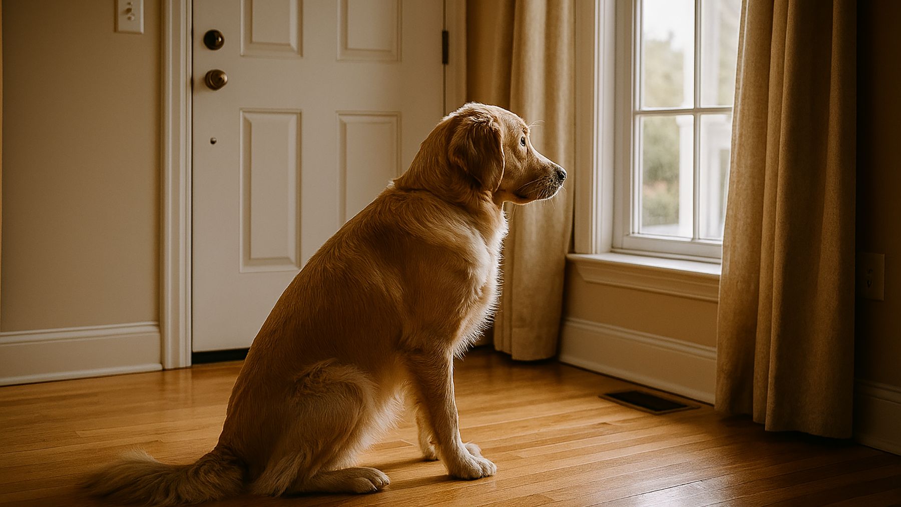 Perro solo en casa mirando por la ventana tras ser dejado sin supervisión más de 24 horas.