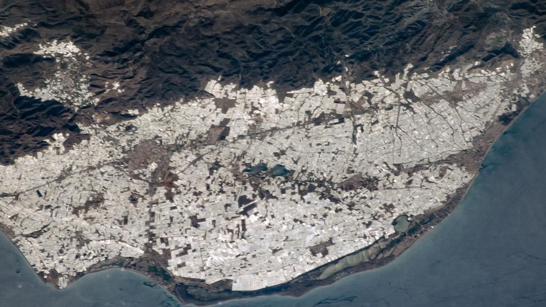Vista satelital del mar de plástico de Almería con miles de invernaderos visibles desde el espacio.
