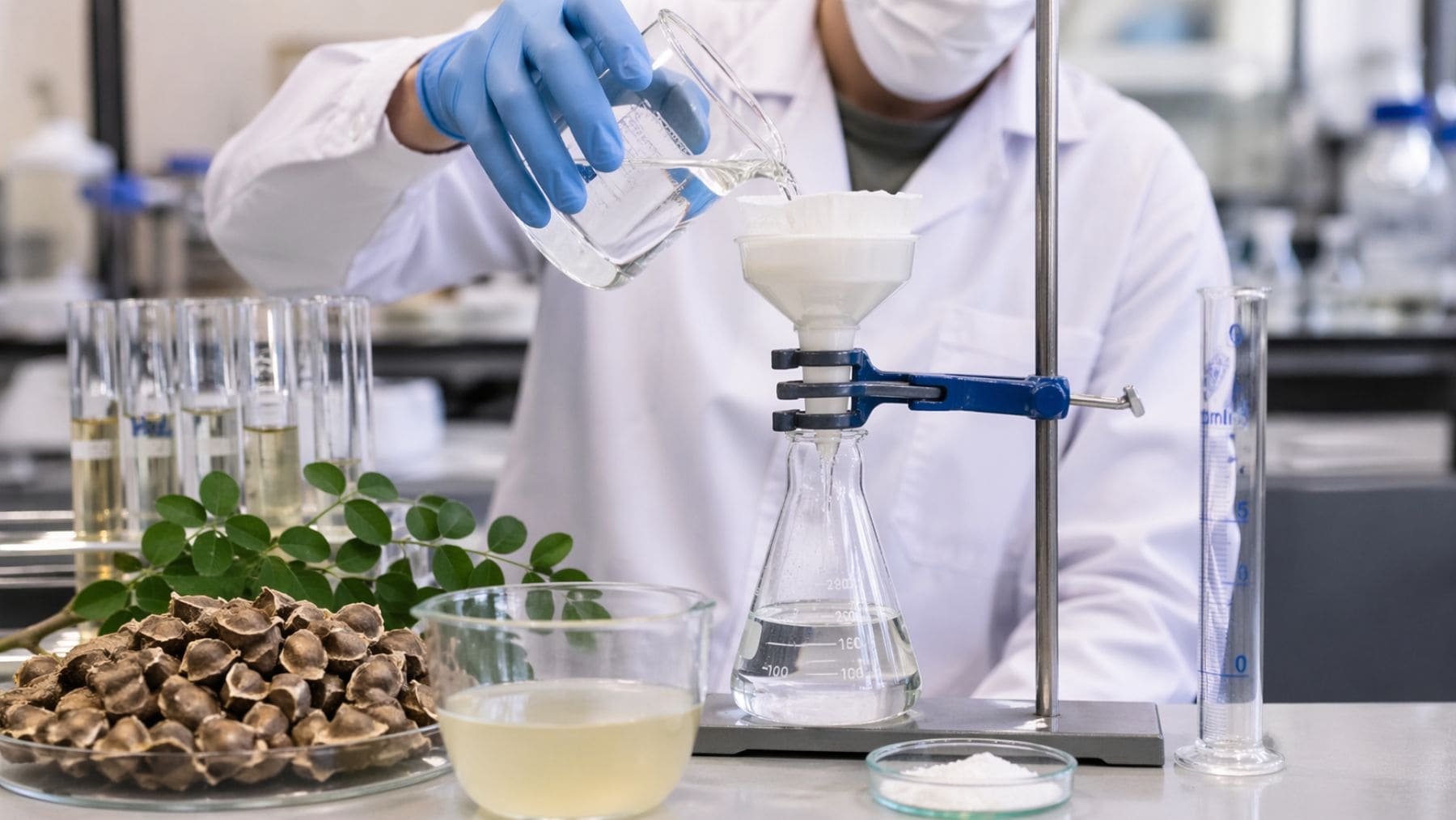 Científico filtra agua con extracto de moringa para eliminar microplásticos en laboratorio.
