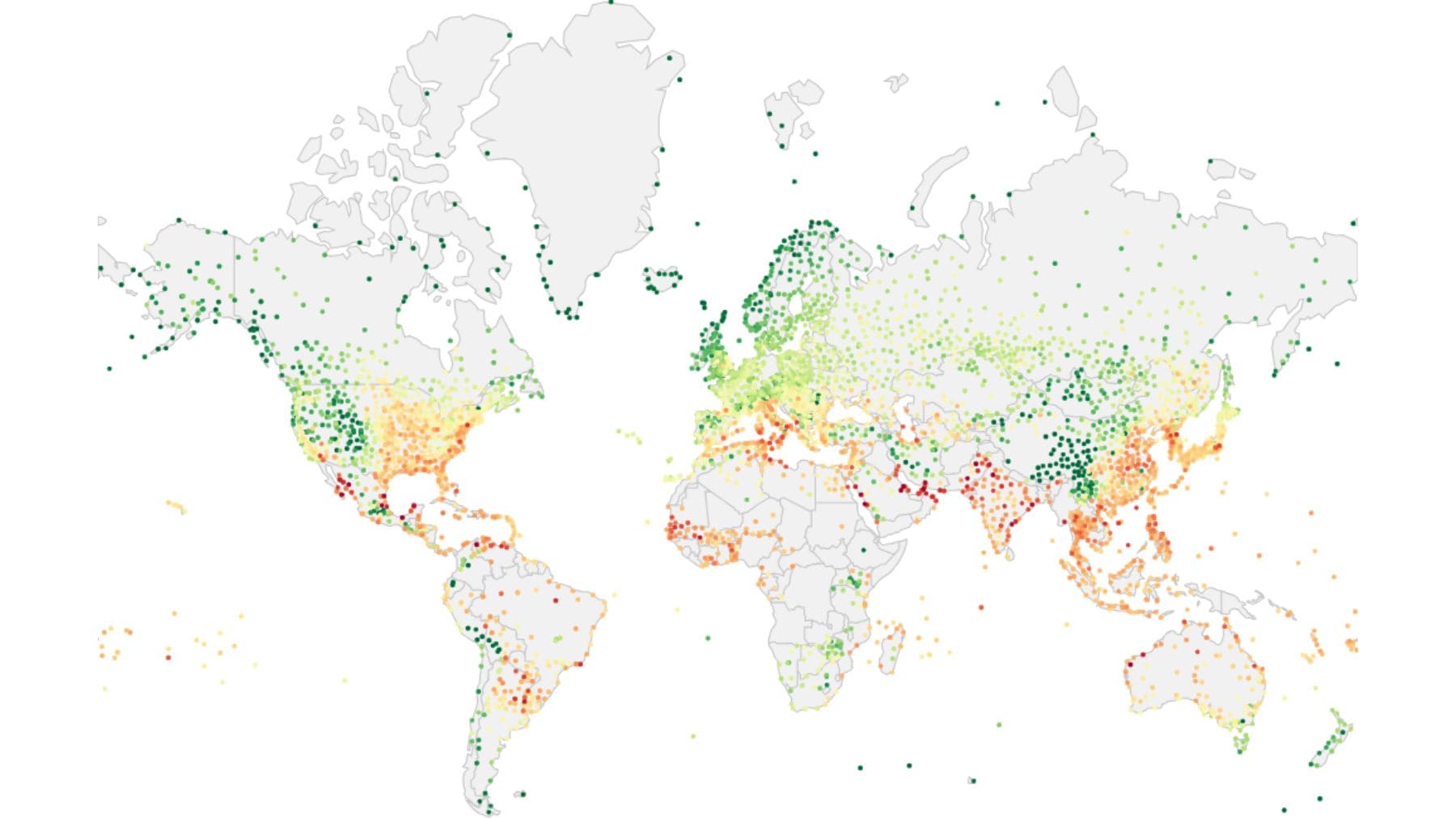 Mapa mundial de riesgo por calor extremo y humedad con zonas potencialmente inhabitables según estudios de la NASA.