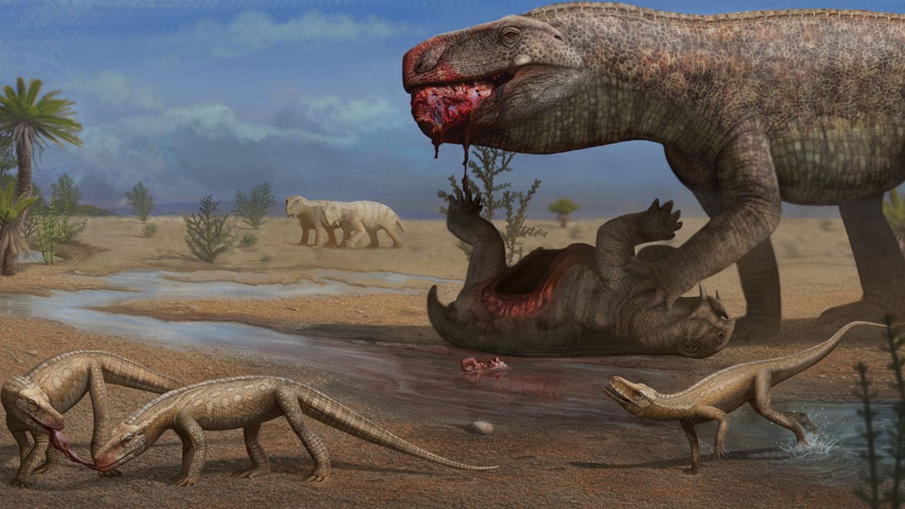 Ilustración del Parvosuchus aurelioi, reptil depredador del Triásico hallado en Brasil, antepasado de los cocodrilos.