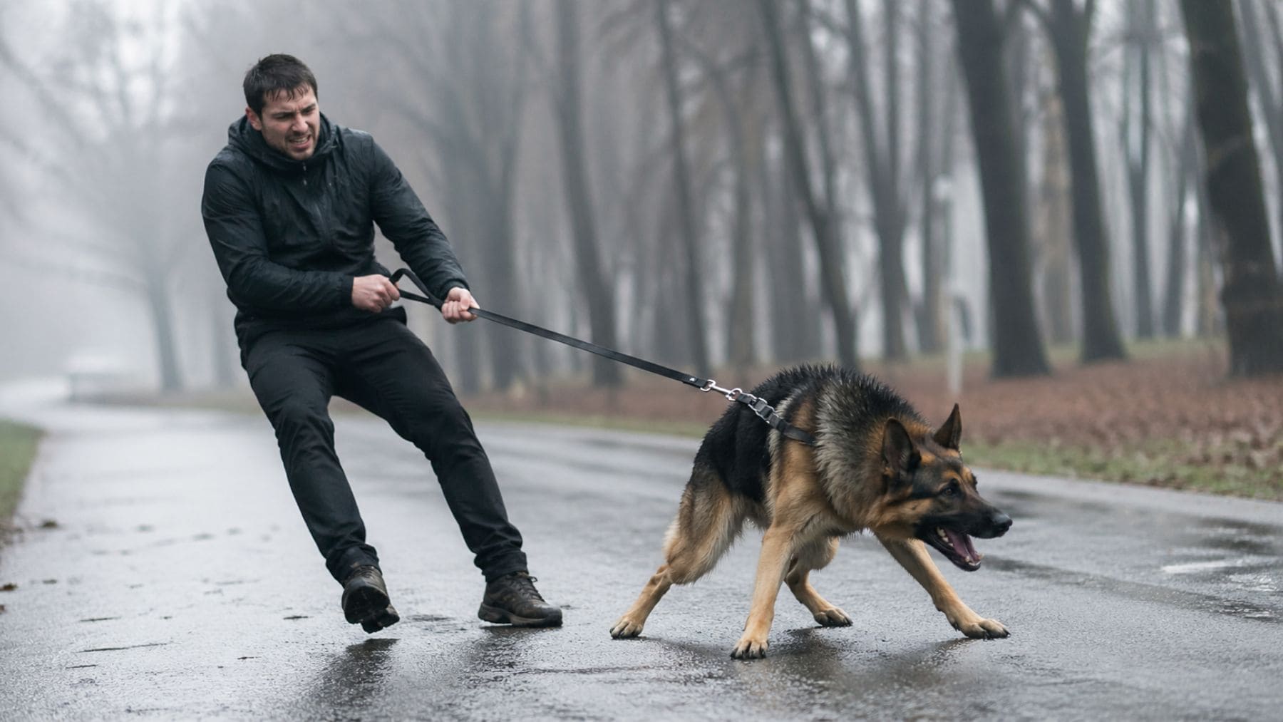 Hombre con dificultades para controlar a un perro grande y activo durante un paseo, ejemplo de razas exigentes para principiantes.