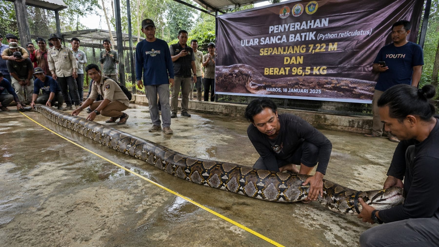 Pitón reticulada de 7,22 metros medida en Indonesia durante verificación oficial de récord Guinness.