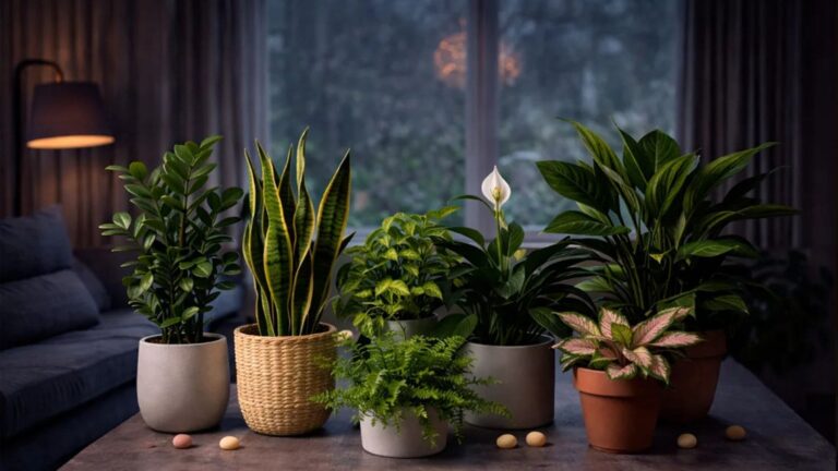 Plantas de interior resistentes con poca luz como sansevieria, zamioculca, poto y helecho en salón oscuro.