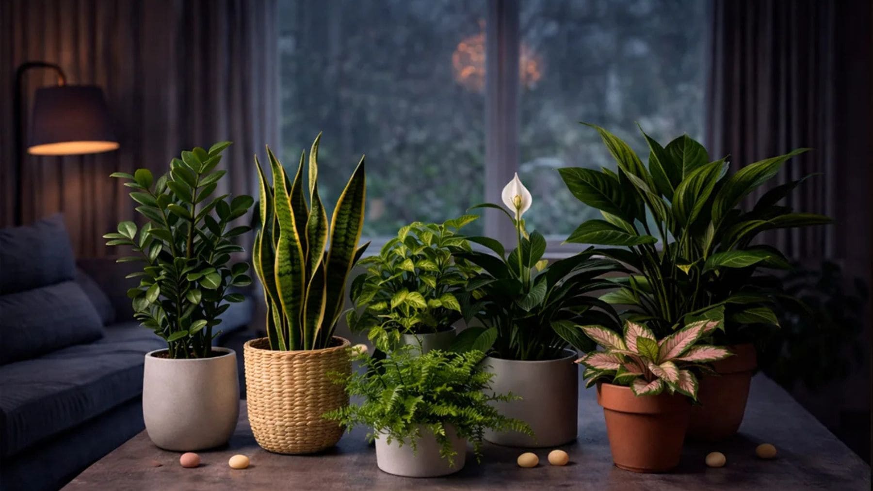 Plantas de interior resistentes con poca luz como sansevieria, zamioculca, poto y helecho en salón oscuro.