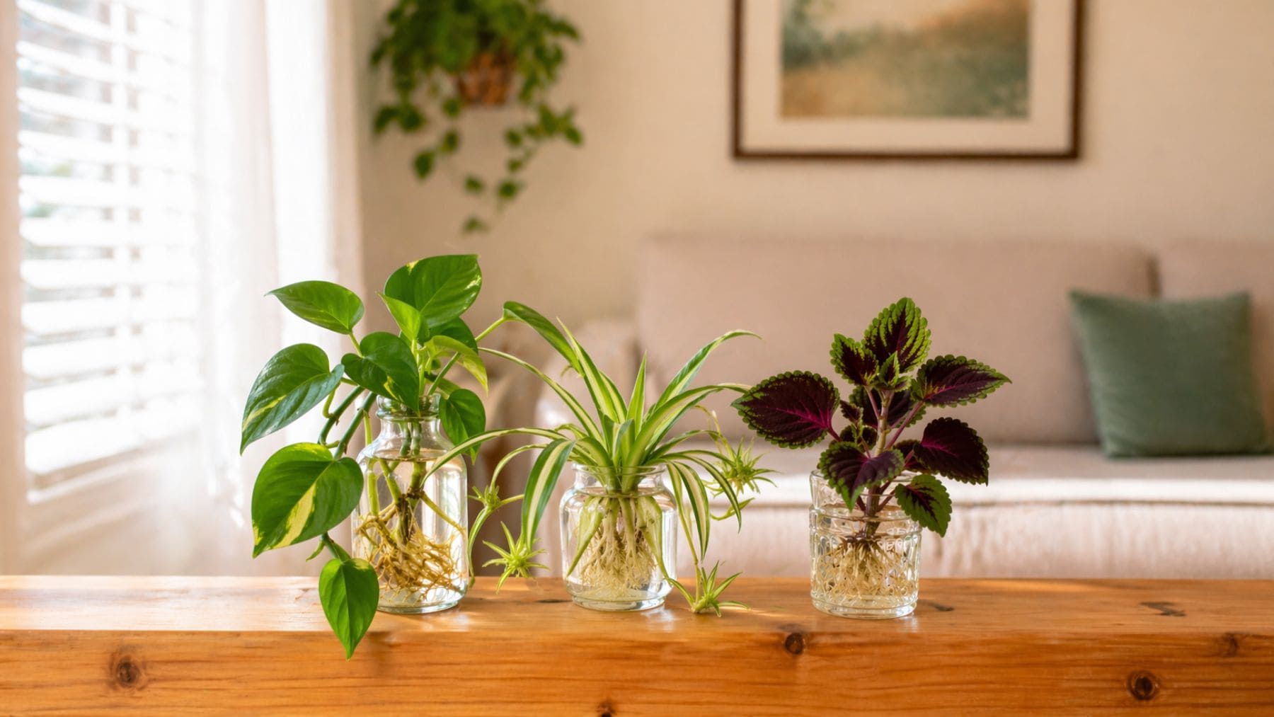 Plantas de interior en agua (filodendro, cinta y coleo) en recipientes de cristal sobre mesa de madera.