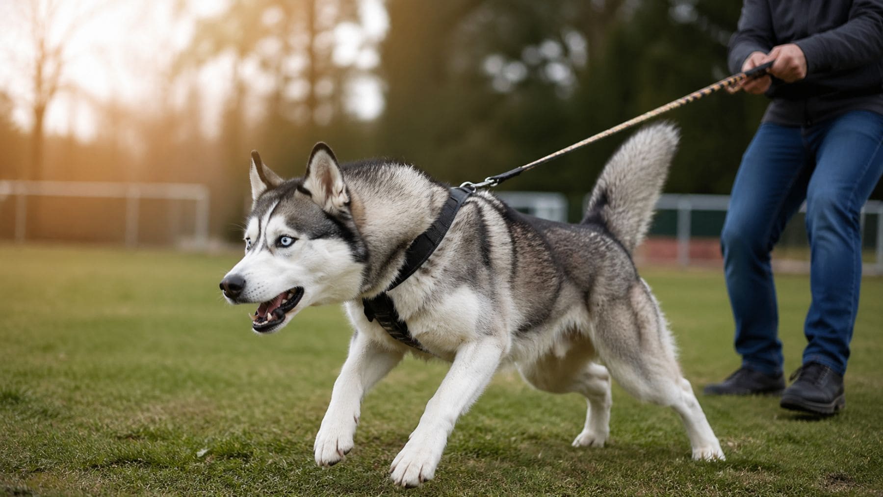 Husky siberiano tirando de la correa durante un paseo, ejemplo de perro difícil para dueños primerizos.