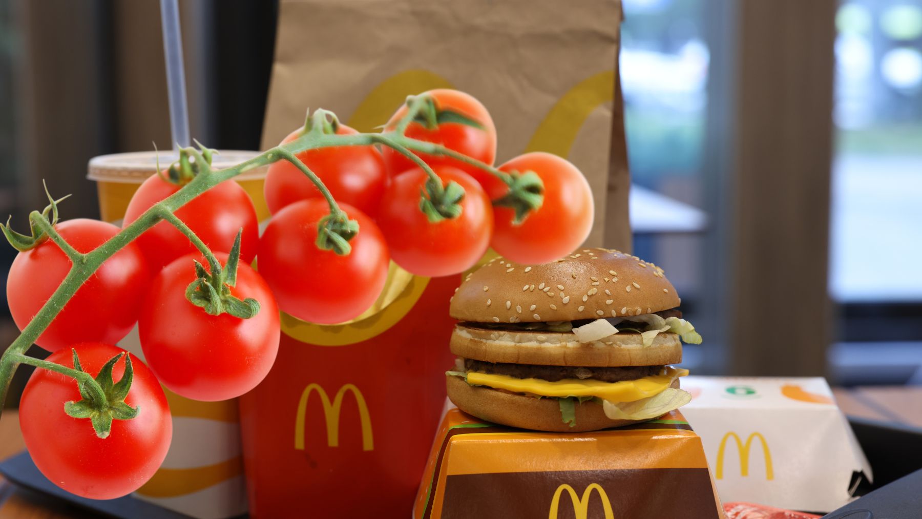 Tomates junto a hamburguesa de McDonald's en experimento de semillas que germinan y crecen en plantas.