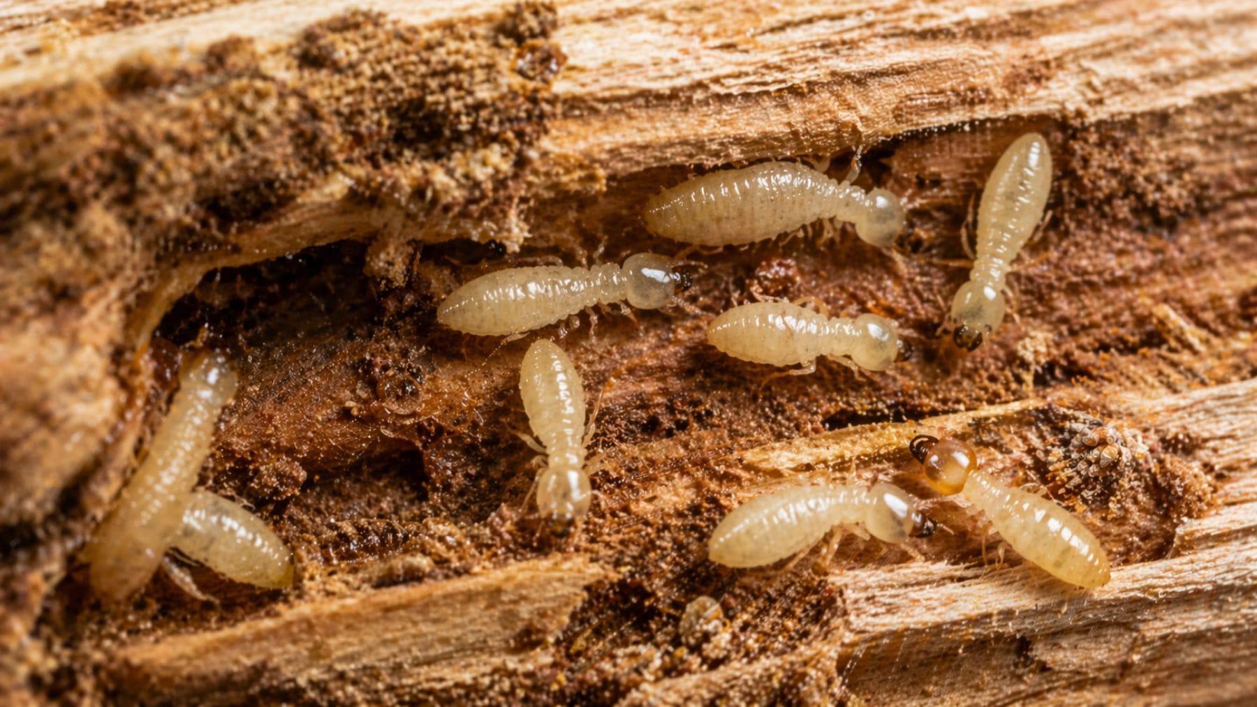 Termitas de madera seca dañando una viga con galerías internas visibles en infestación doméstica.