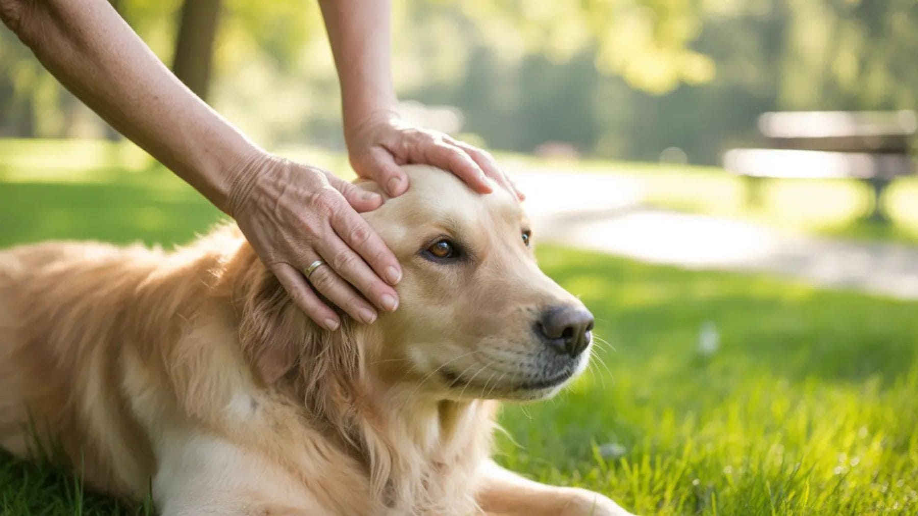 Persona acariciando a un perro golden retriever para reducir el estrés y la ansiedad según la psicología.