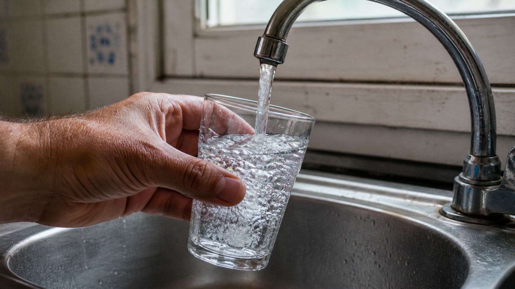 Grifo llenando un vaso de agua en una vivienda, imagen representativa de la contaminación por nitratos en Cádiz.