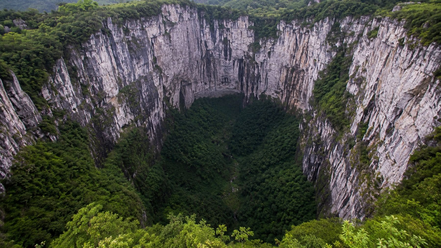 Vista aérea del Xiaozhai Tiankeng, el enorme agujero natural de China con un ecosistema oculto.