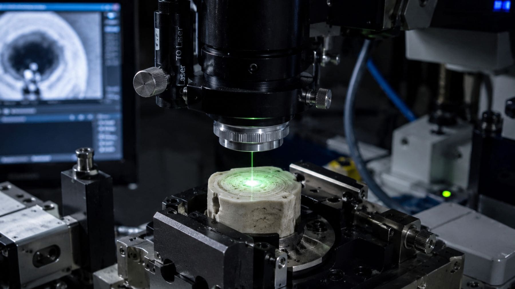Láser analizando una vértebra de tiburón en un laboratorio científico de Australia.