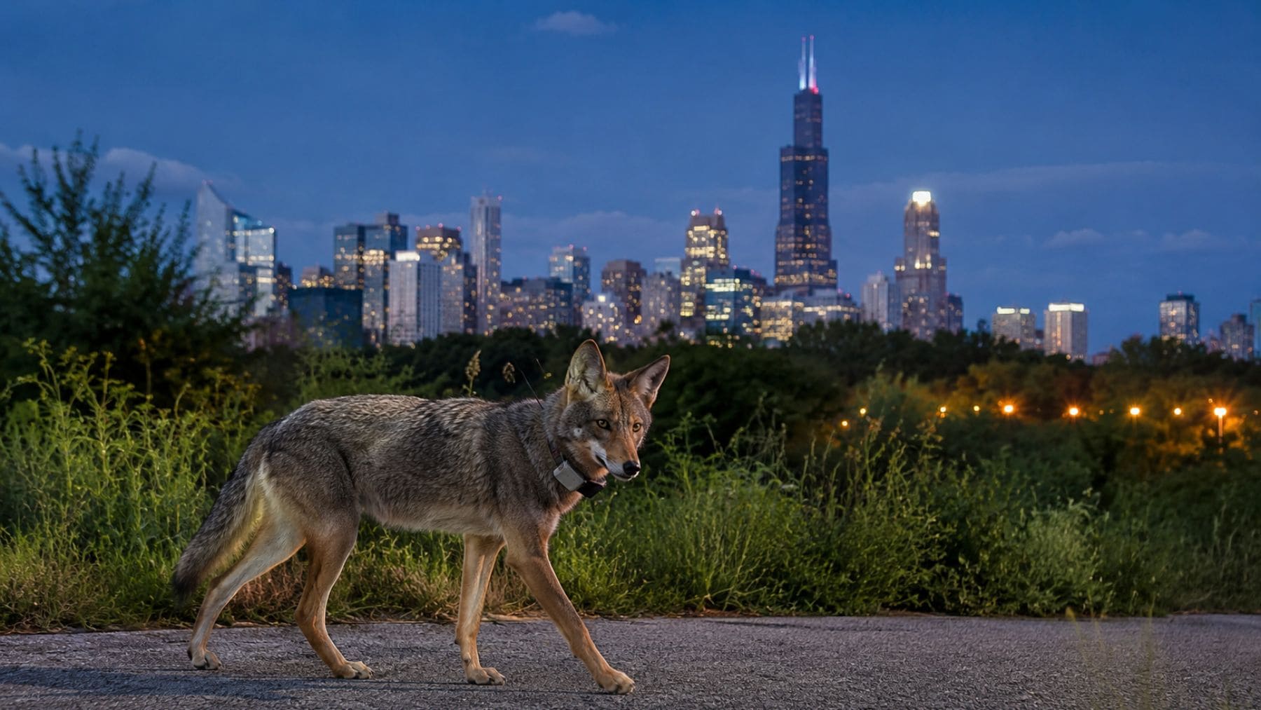 Coyote urbano con collar GPS caminando frente al skyline de Chicago durante la noche.
