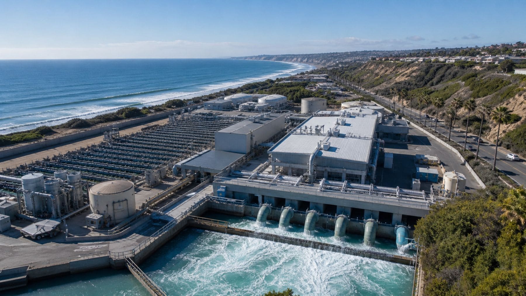 Planta de desalinización en la costa de California que convierte agua del océano en potable a gran escala.
