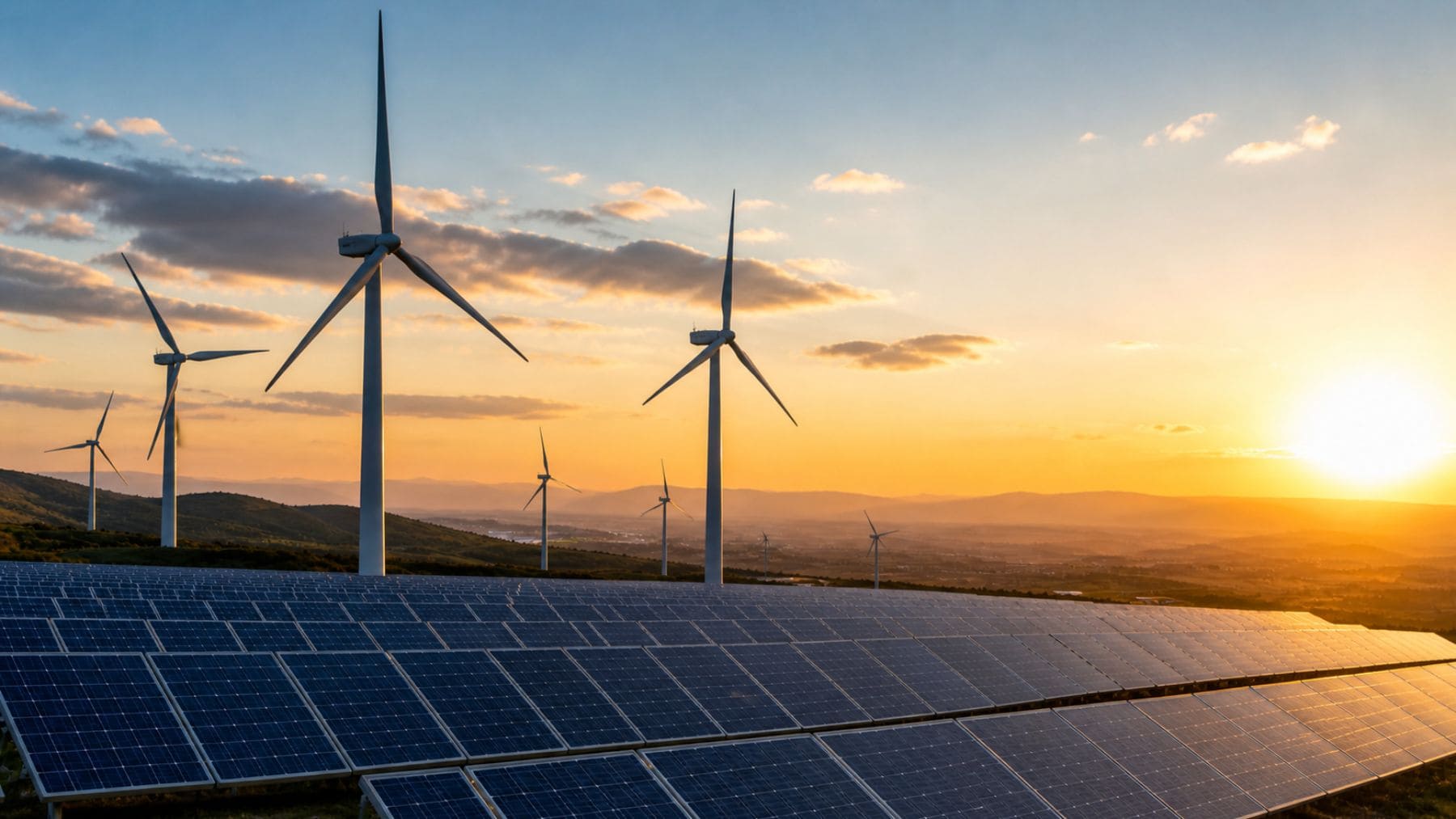 Parque solar y eólico en España al atardecer que refleja el auge de las energías renovables y la menor dependencia del gas.