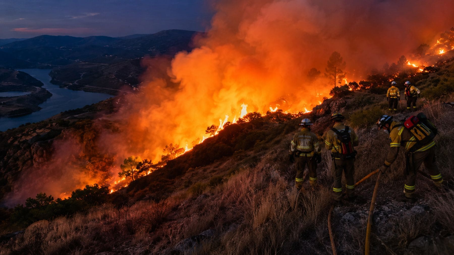 Incendio forestal masivo en Europa durante una ola de calor extrema vinculada al cambio climático en 2025.