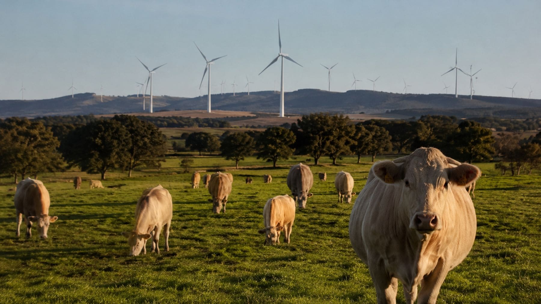 ECOticias.com - El Periódico Verde 114 Ganado vacuno en una explotación sostenible con aerogeneradores mientras la UE impulsa la neutralidad climática.