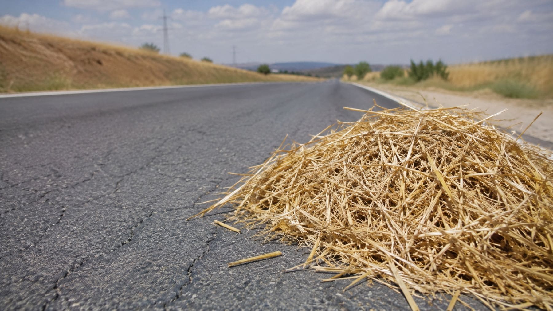 Carretera con asfalto resistente junto a paja de trigo usada como nuevo material sostenible