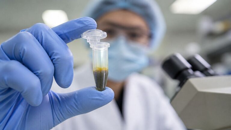 Muestra de bilis analizada en laboratorio con presencia de microplásticos en estudio científico.