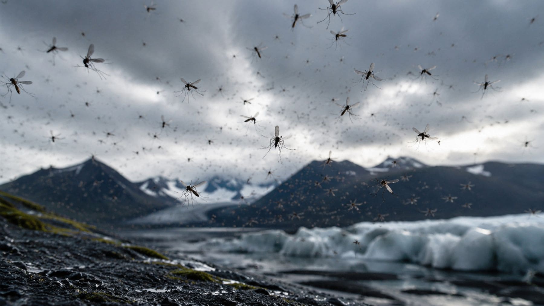 Mosquitos sobre un paisaje glaciar de Islandia tras la confirmación de nuevas especies en el país.