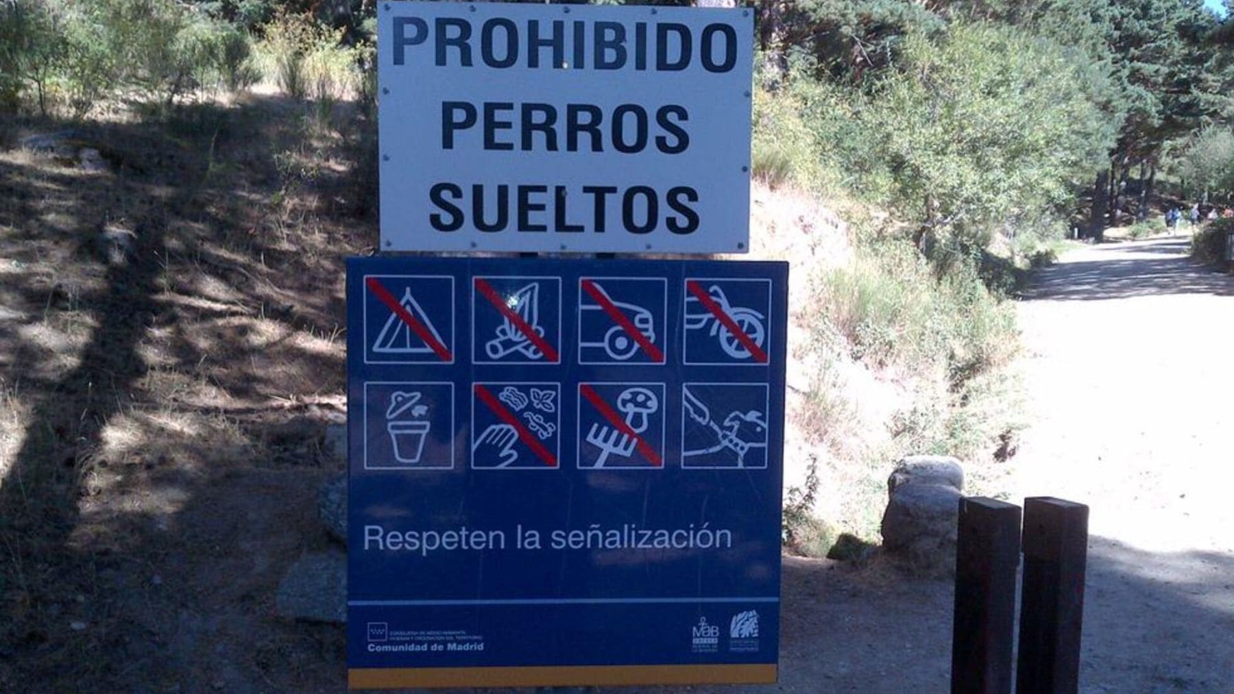 Cartel de prohibido llevar perros sueltos en un espacio natural protegido de España.