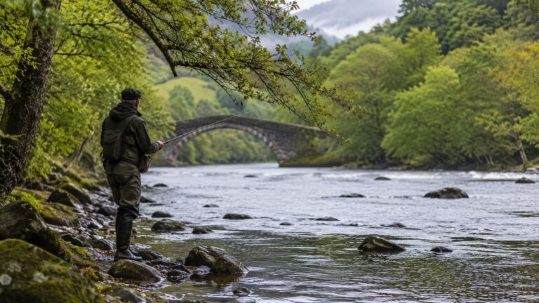 Pescador en un río de Asturias durante la crisis del salmón atlántico y la desaparición del campanu.