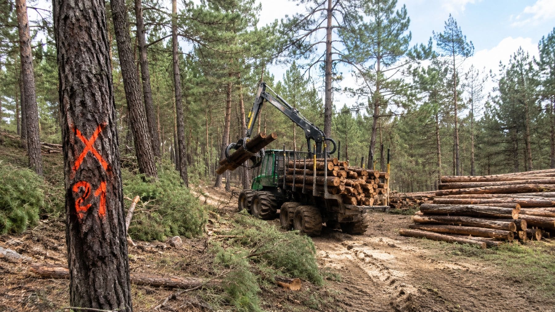Máquina forestal talando pinos en un monte de Gascones dentro del plan de prevención de incendios de Madrid.