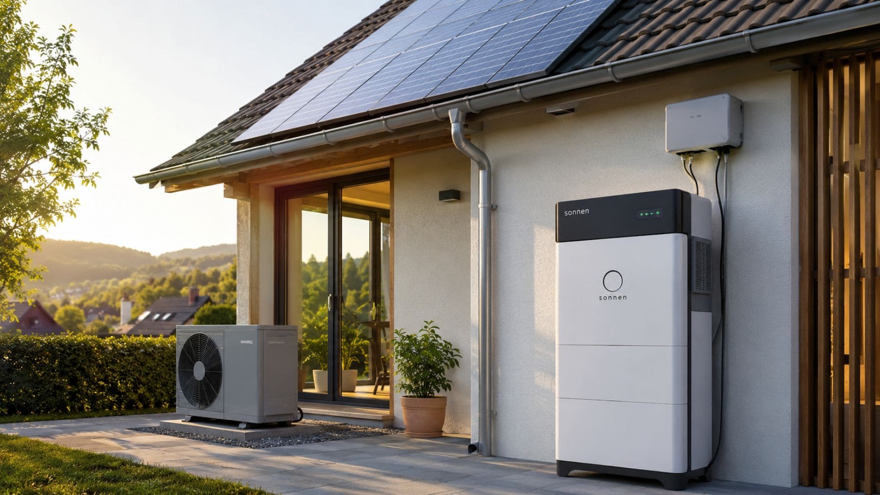 Casa con paneles solares, batería doméstica y bomba de calor en el plan energético sostenible de la UE.
