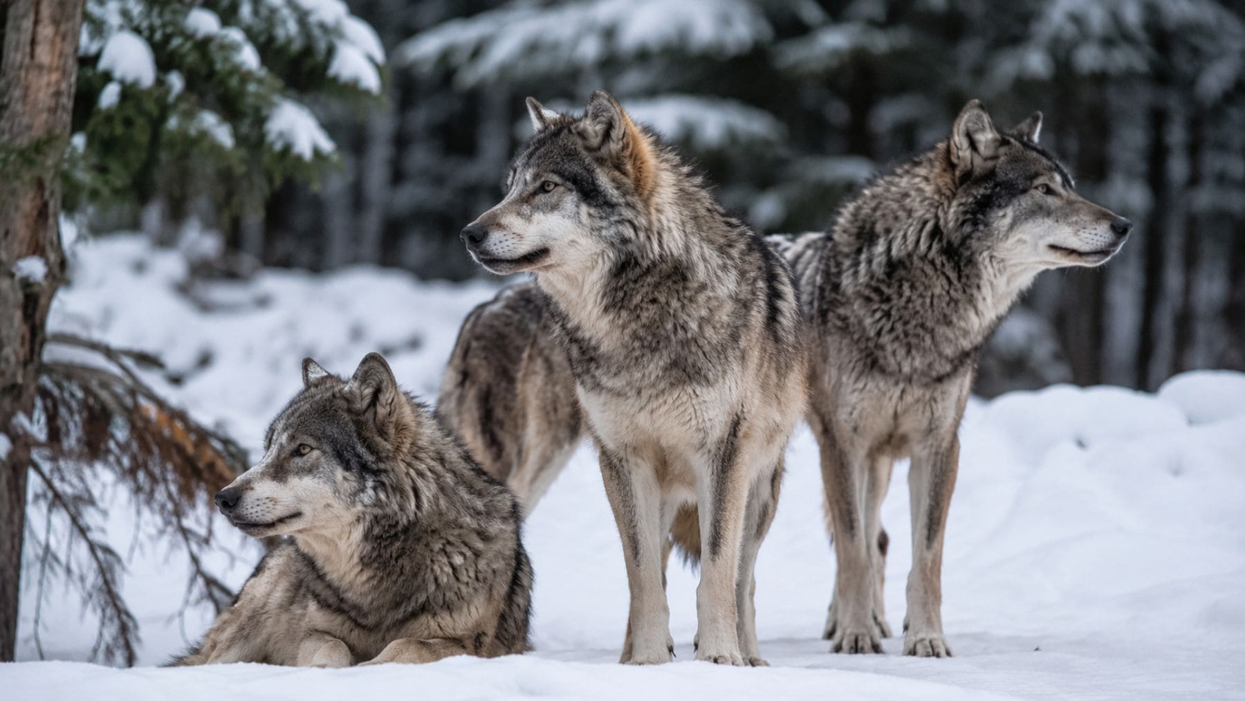 Tres lobos grises en Yellowstone durante el brote de moquillo que ha reducido la población en Wyoming.