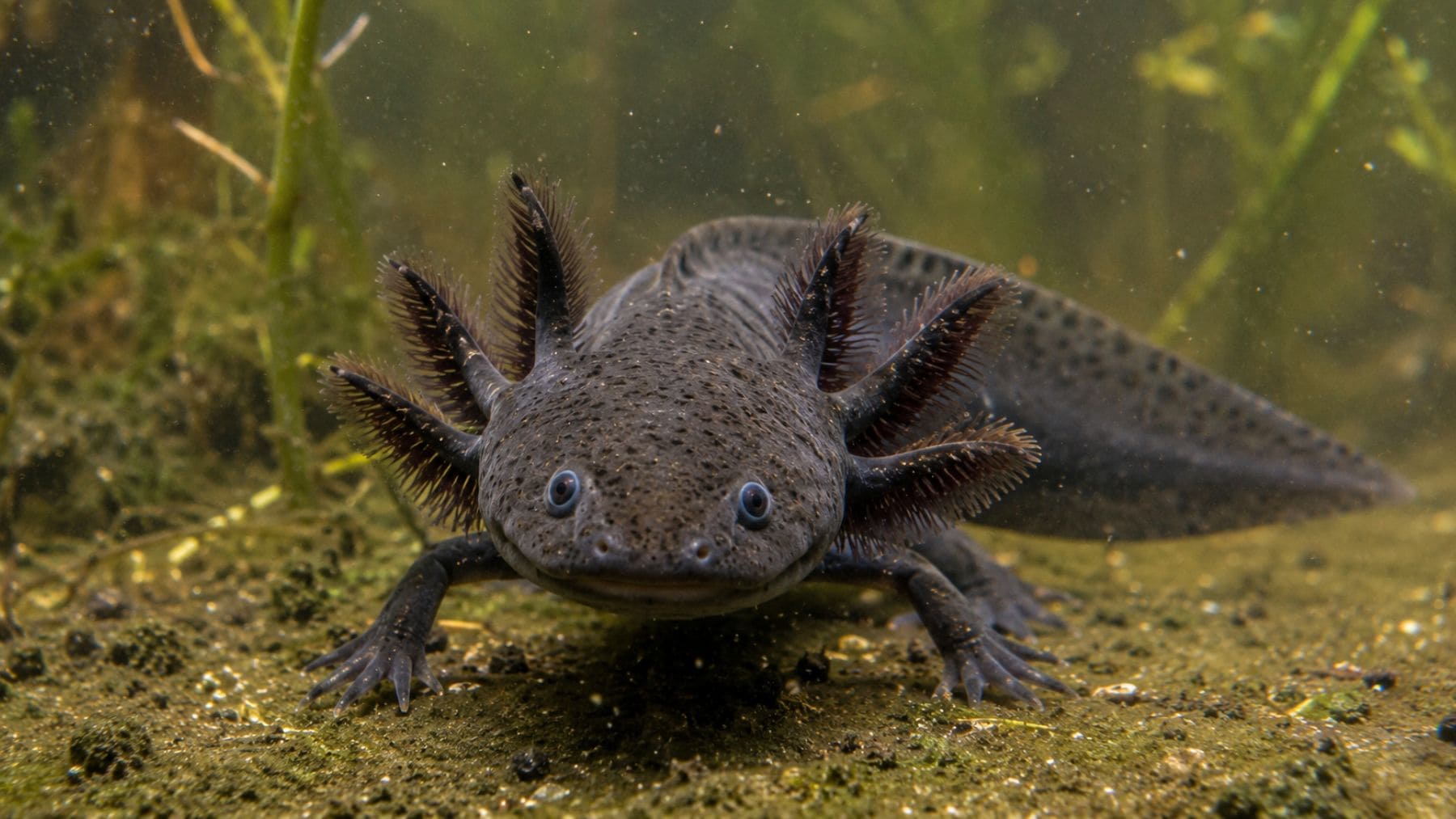 Ajolote mexicano (Ambystoma mexicanum) en un canal de Xochimilco, especie en peligro crítico de extinción.