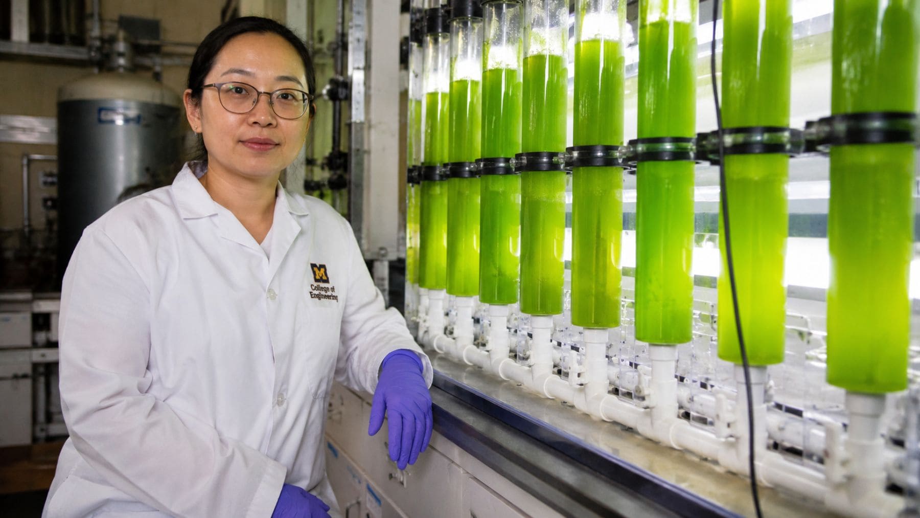 Investigadora junto a biorreactores con algas modificadas genéticamente capaces de capturar microplásticos del agua.
