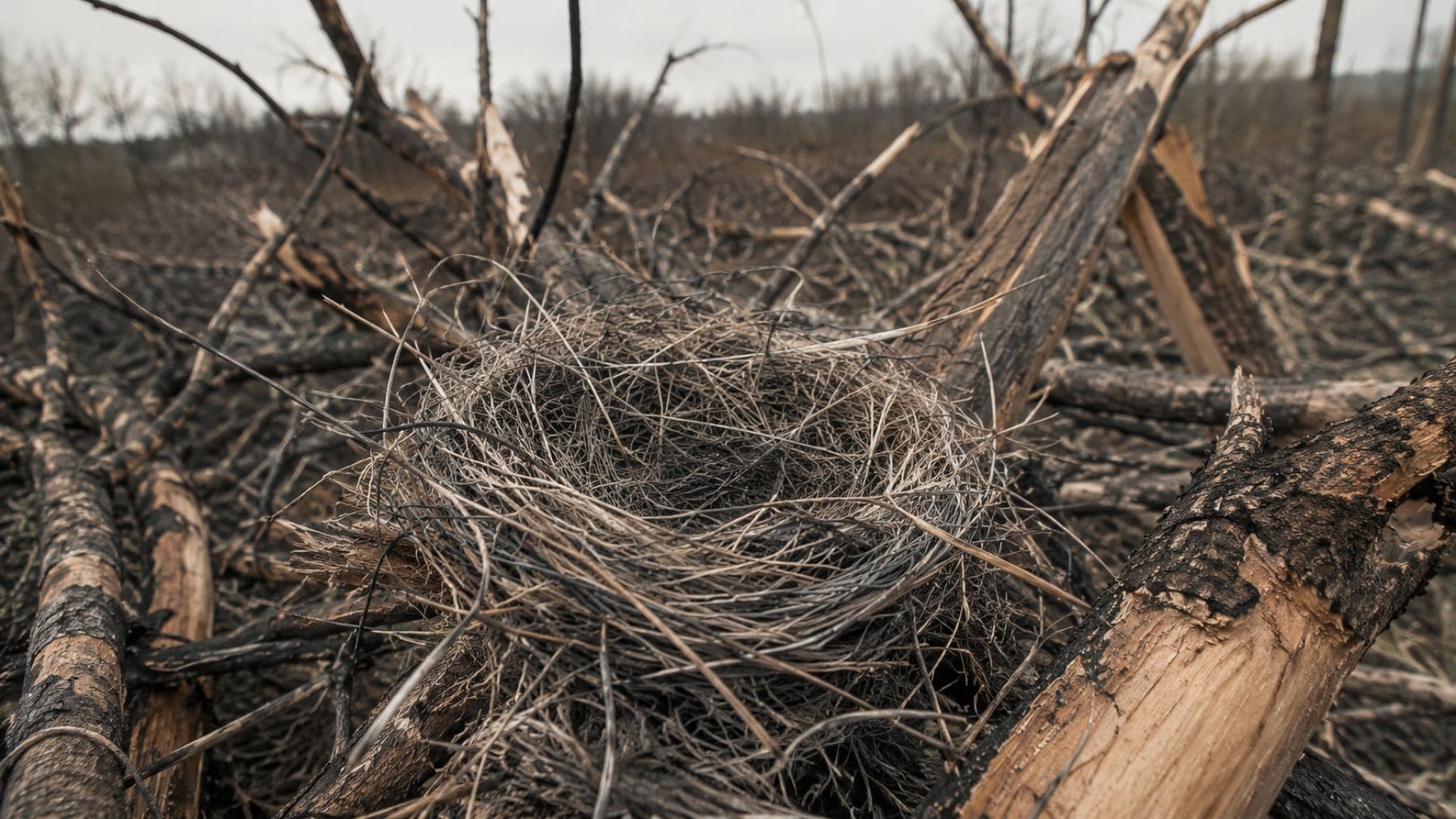 Nido de ave construido con cables de fibra óptica de drones de guerra entre árboles destruidos en Donbás, Ucrania.