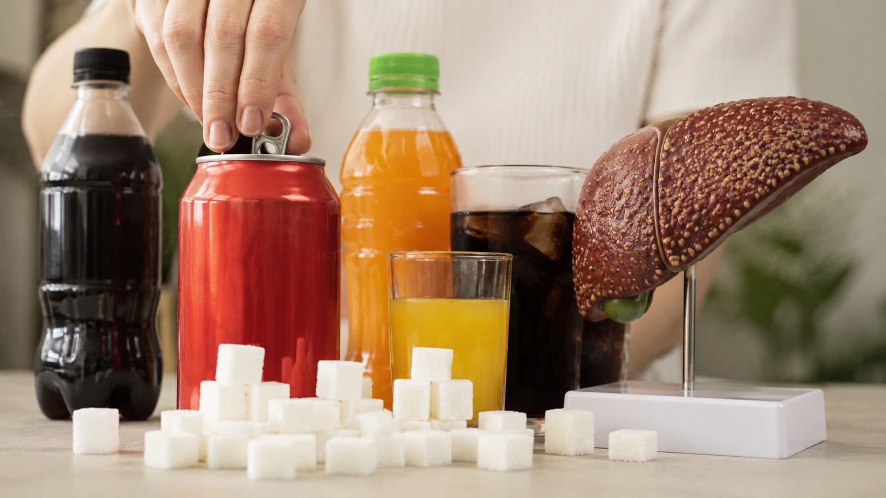 Bebidas azucaradas con cubos de azúcar junto a una representación de hígado graso por exceso de fructosa.