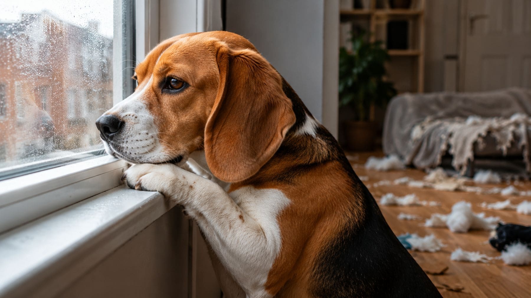Beagle observando por la ventana mientras permanece solo en casa con signos de ansiedad por separación.