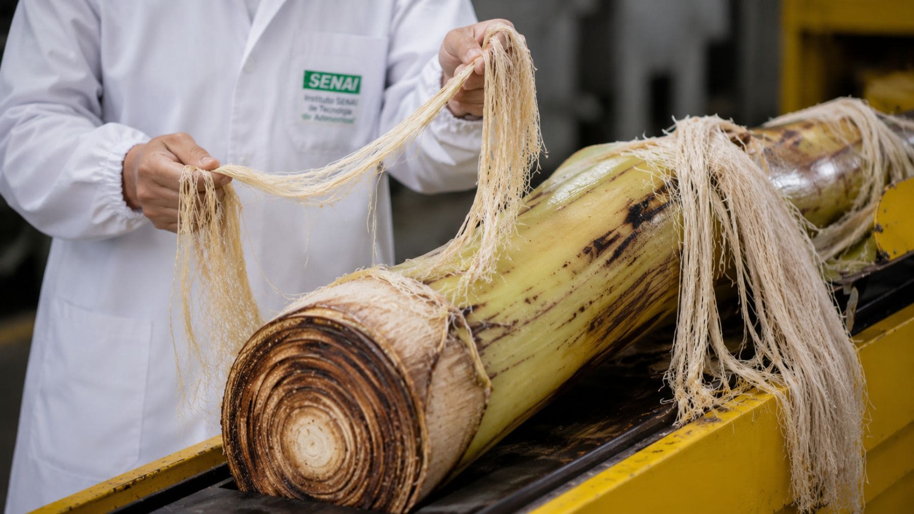 Extracción de fibra de troncos de plátano para fabricar ropa, papel y envases sostenibles en Brasil.