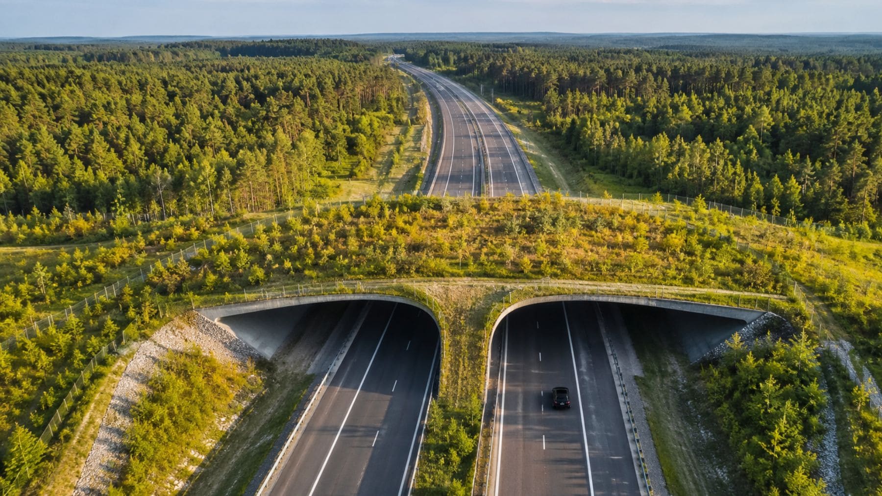 Paso de fauna sobre una autopista que atraviesa un bosque y conecta hábitats naturales fragmentados.