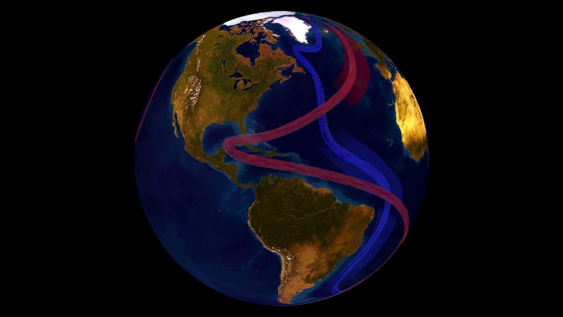 Mapa de la circulación oceánica AMOC en el Atlántico Norte, clave para el transporte de calor hacia Europa.