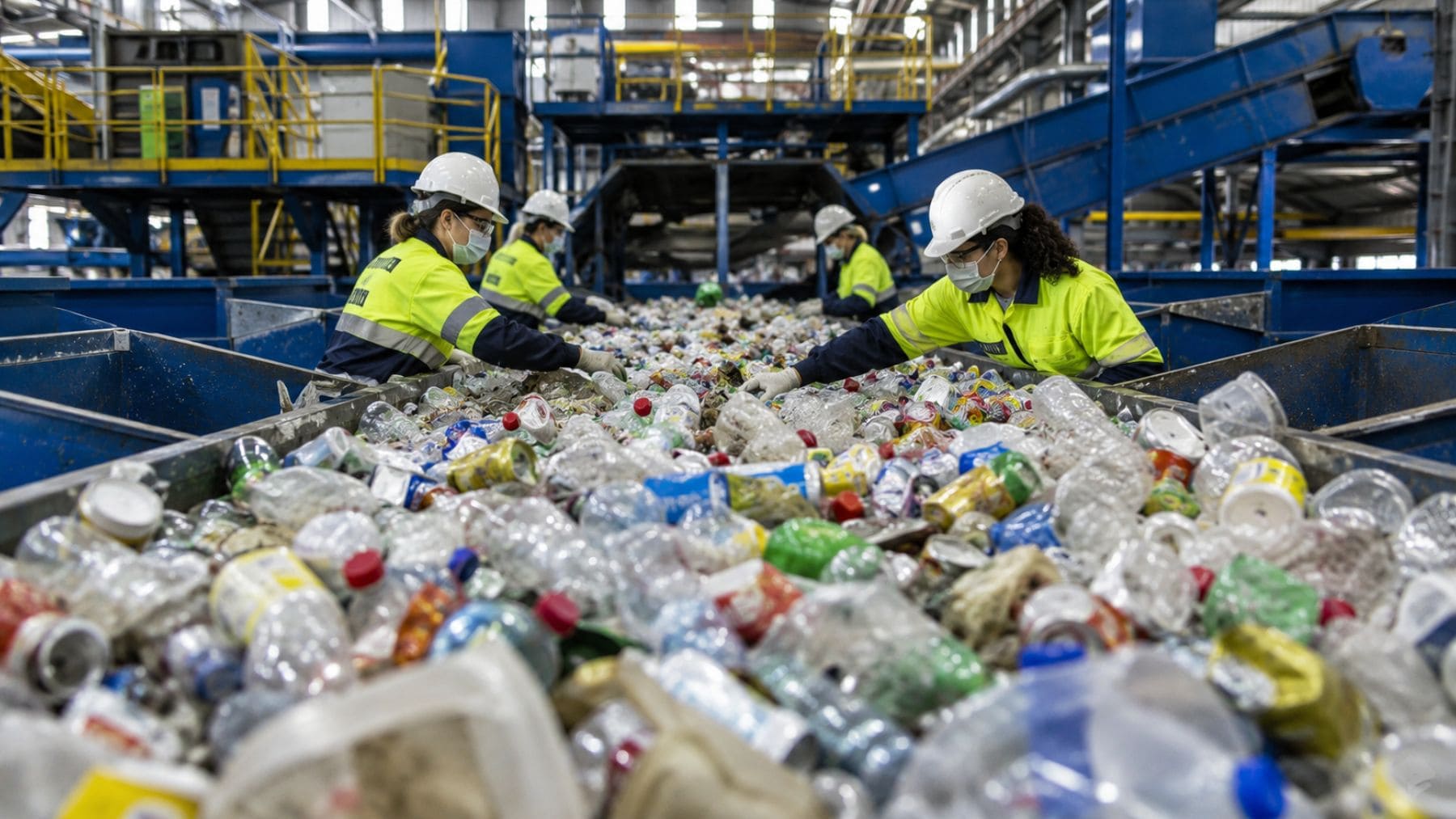 Operarios clasifican envases de plástico, latas y briks en una planta de reciclaje durante la gestión de residuos de Ecoembes en España.