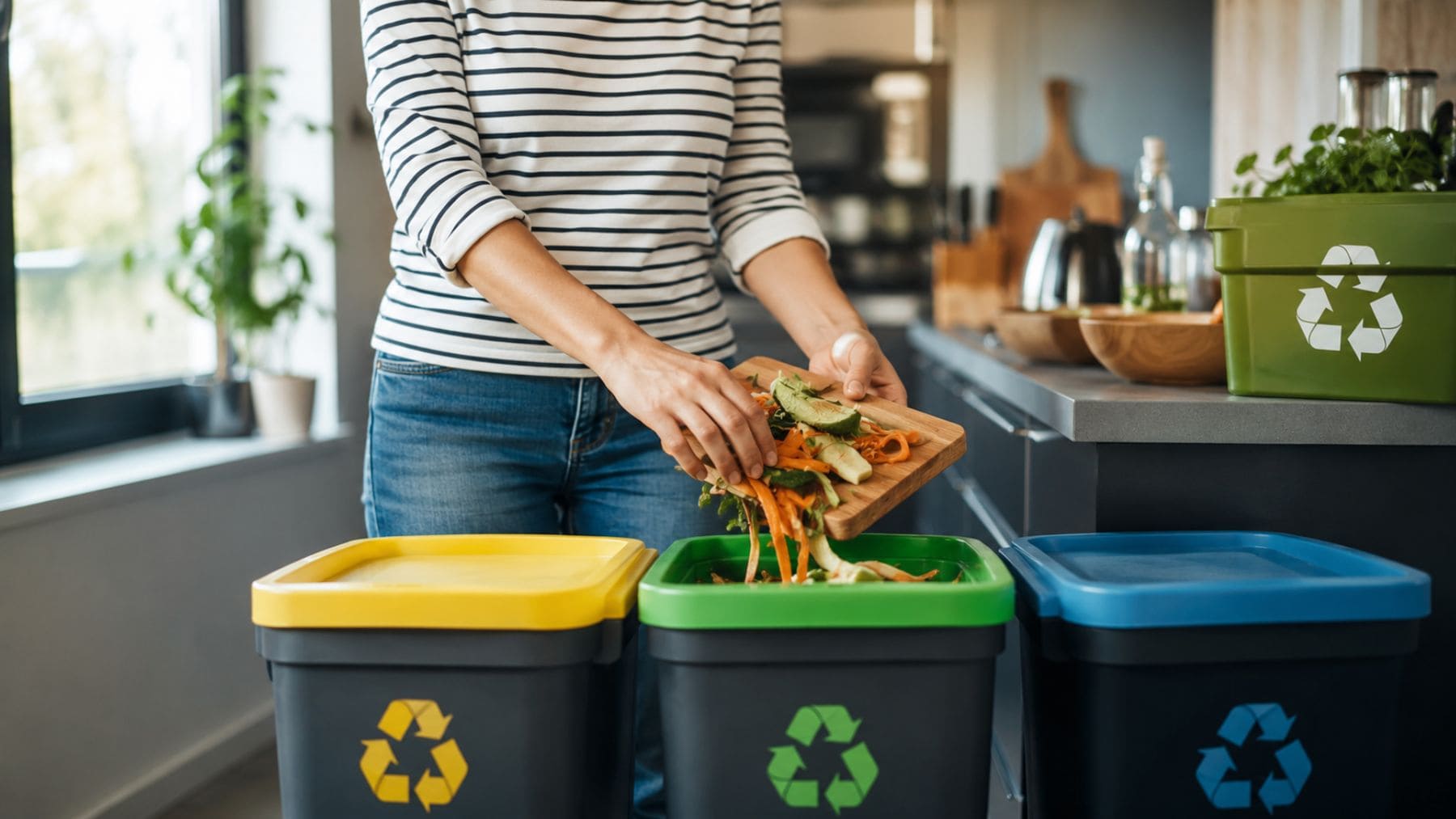 Persona separando residuos orgánicos en casa para fomentar la economía circular y reducir la generación de basura.