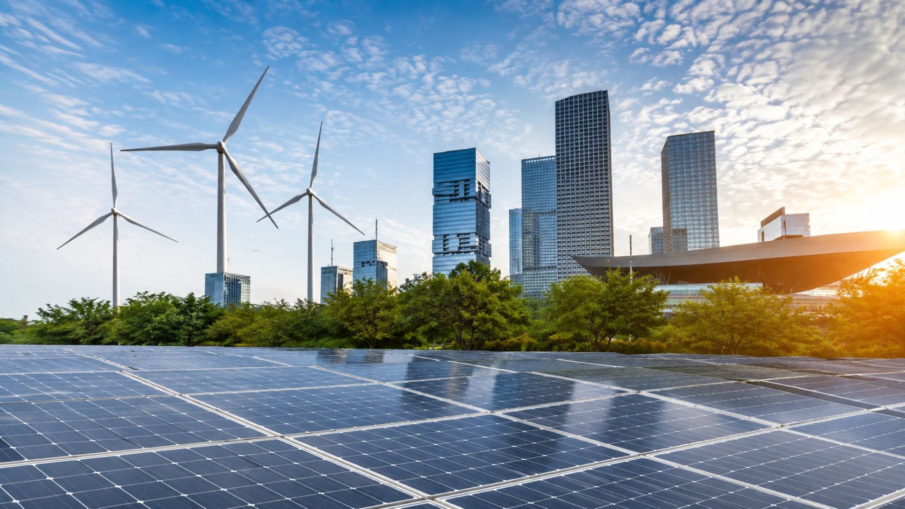 Paneles solares y aerogeneradores junto a un distrito financiero que simbolizan el crecimiento de la economía verde mundial.