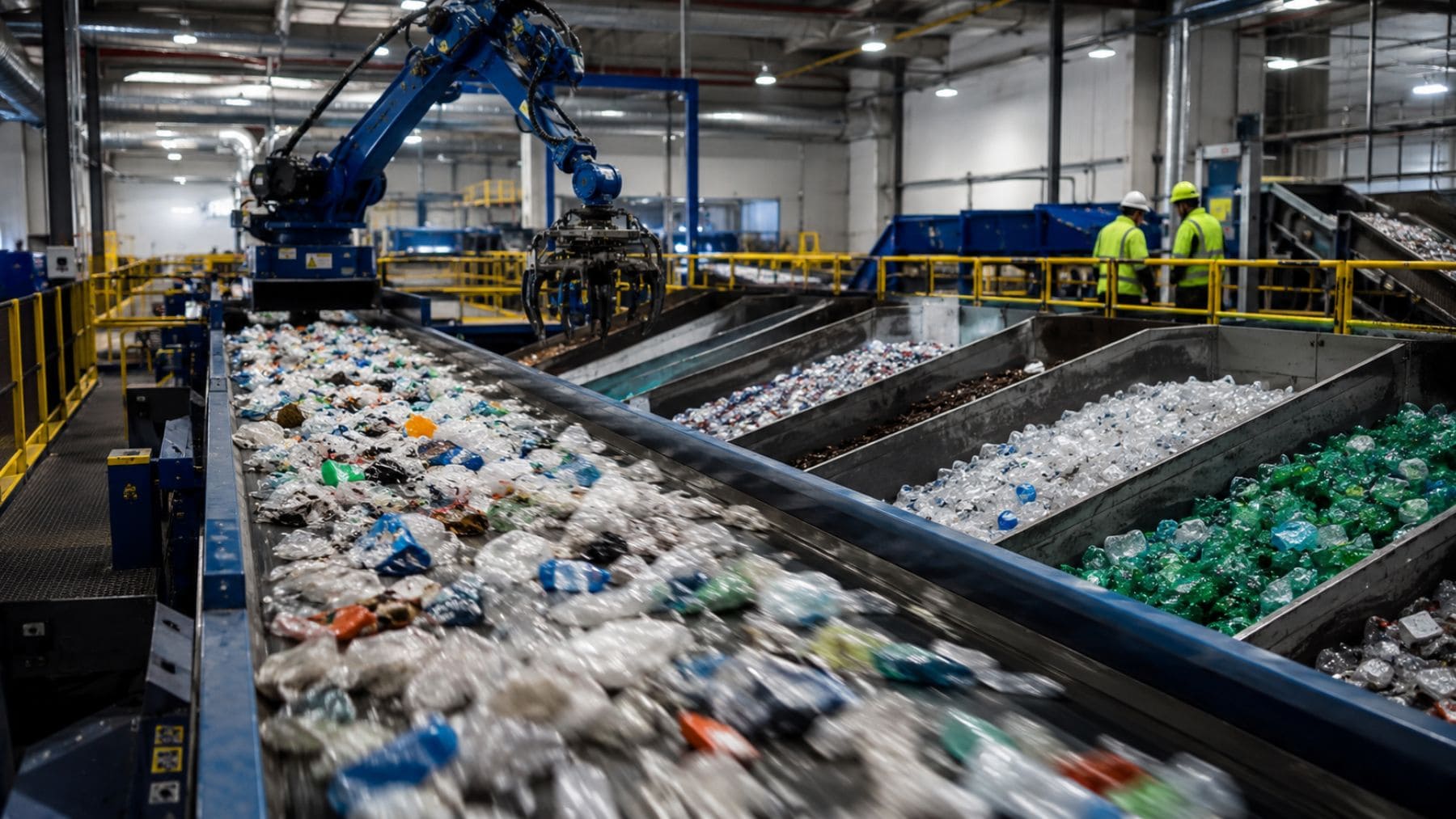 Planta industrial de reciclaje con cintas transportadoras y sistemas automatizados para recuperar materias primas en Europa.