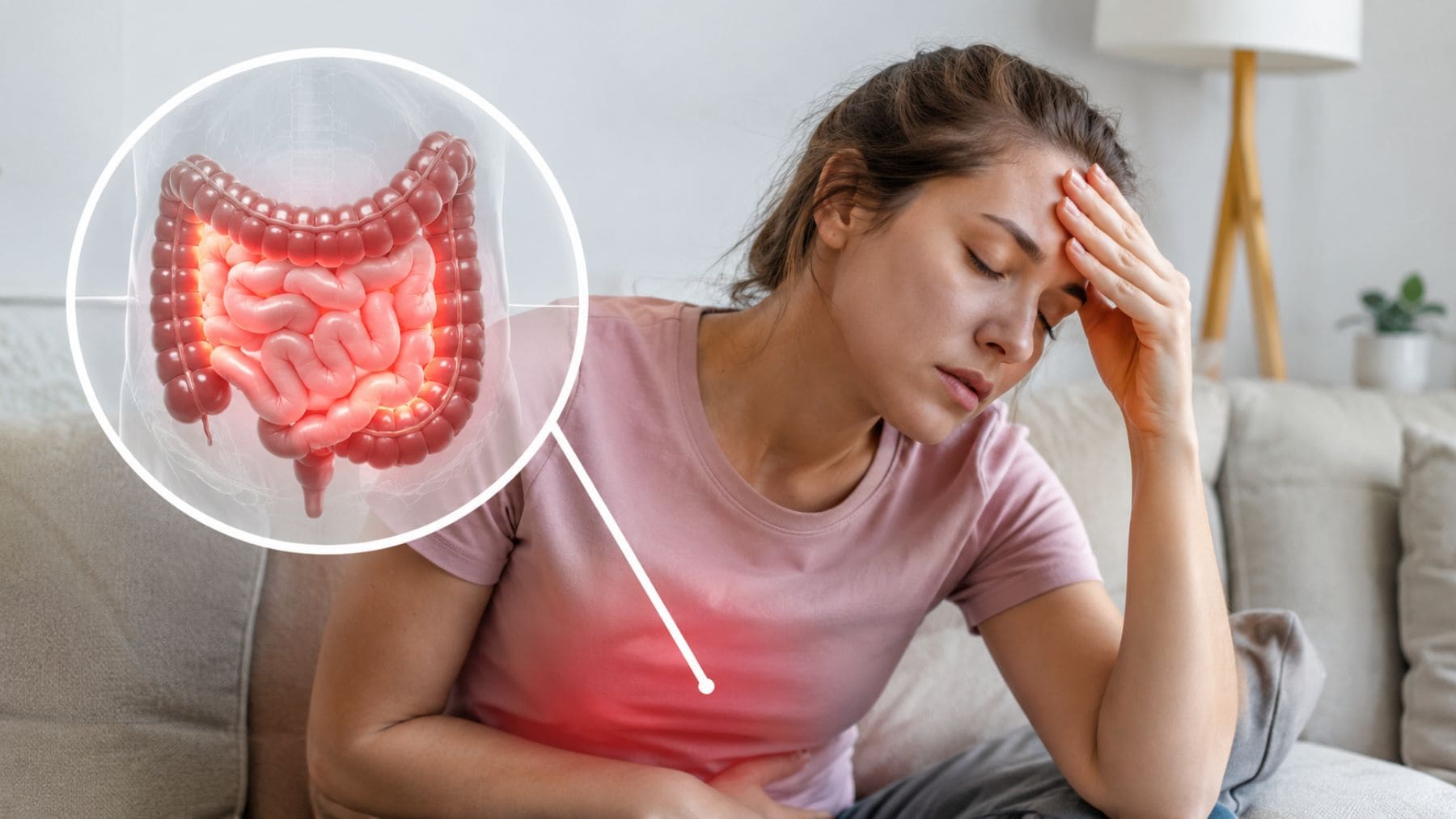 Mujer con cansancio y dolor abdominal asociado a inflamación intestinal y deficiencia de vitamina D.