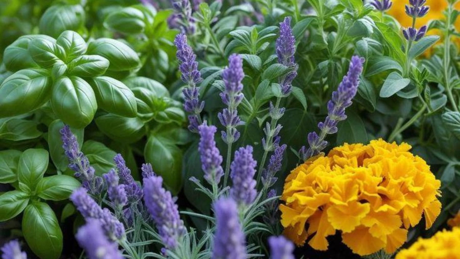 Plantas aromáticas como lavanda, albahaca y caléndulas utilizadas para ayudar a repeler mosquitos de forma natural en verano.